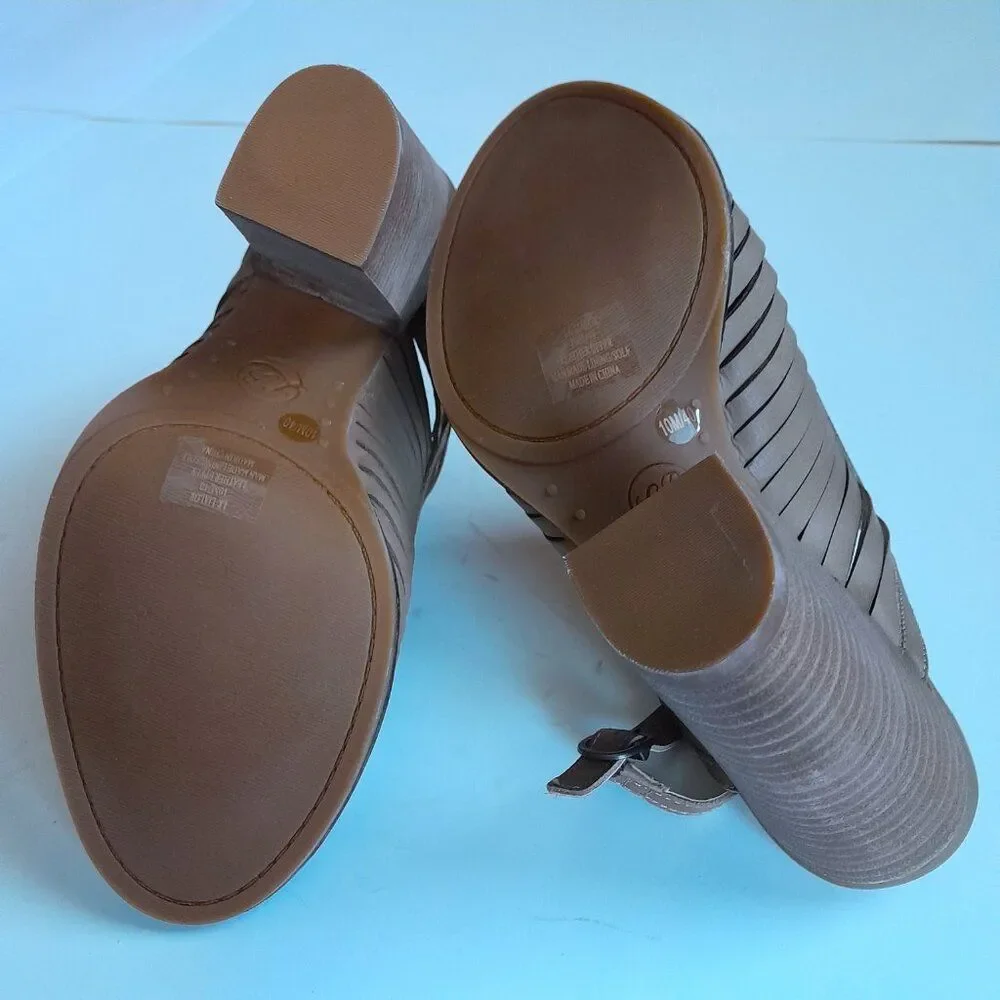 Lucky Brand Lialor Tan Leather Sandals Peep Toe Chunky Heels Women's Size 10M
